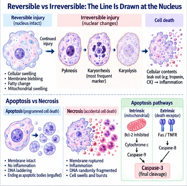 Academic diagram for Reversible vs Irreversible: The Line Is Drawn at the Nucleus, based on the complete English source passage.