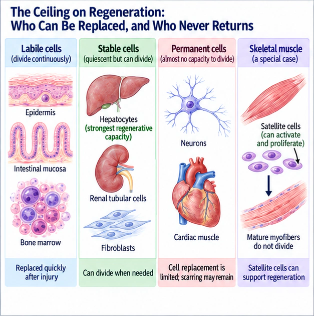 Academic diagram for The Ceiling on Regeneration: Who Can Be Replaced, and Who Never Returns, based on the complete English source passage.