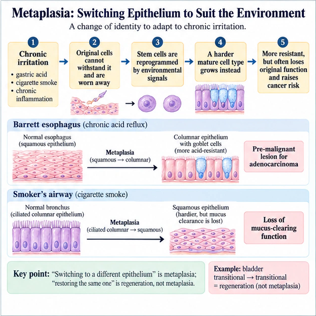 Academic diagram for Metaplasia: Switching Epithelium to Suit the Environment, based on the complete English source passage.