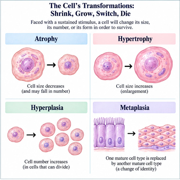 Four illustrated patterns of cell adaptation: atrophy, hypertrophy, hyperplasia and metaplasia.