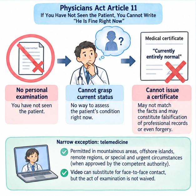 Academic diagram for Physicians Act Article 11: If You Have Not Seen the Patient, You Cannot Write "He Is Fine Right Now", based on the complete English source passage.