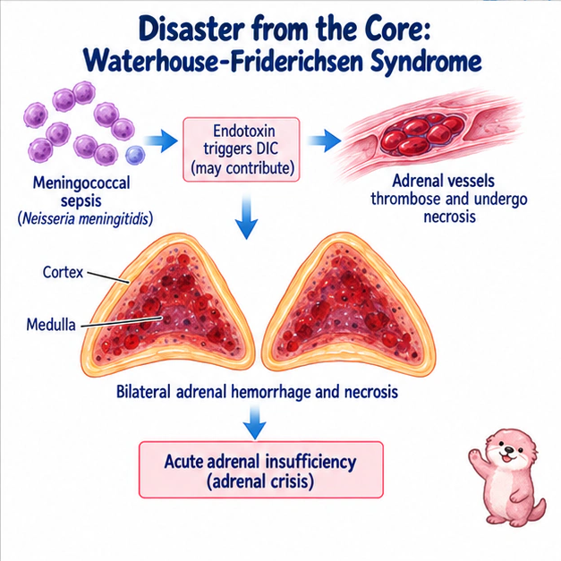 Academic diagram for Bilateral Adrenal Hemorrhage: Waterhouse-Friderichsen Syndrome, based on the complete English source passage.