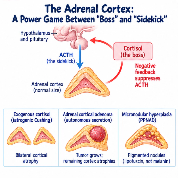 Academic diagram for The Adrenal Cortex: A Power Game Between "Boss" and "Sidekick", based on the complete English source passage.
