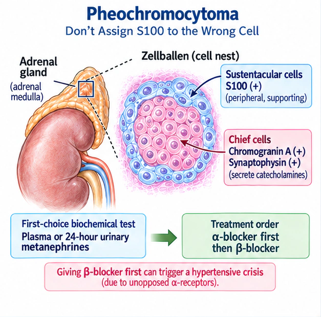 Academic diagram for Pheochromocytoma: Don't Assign S100 to the Wrong Cell, based on the complete English source passage.