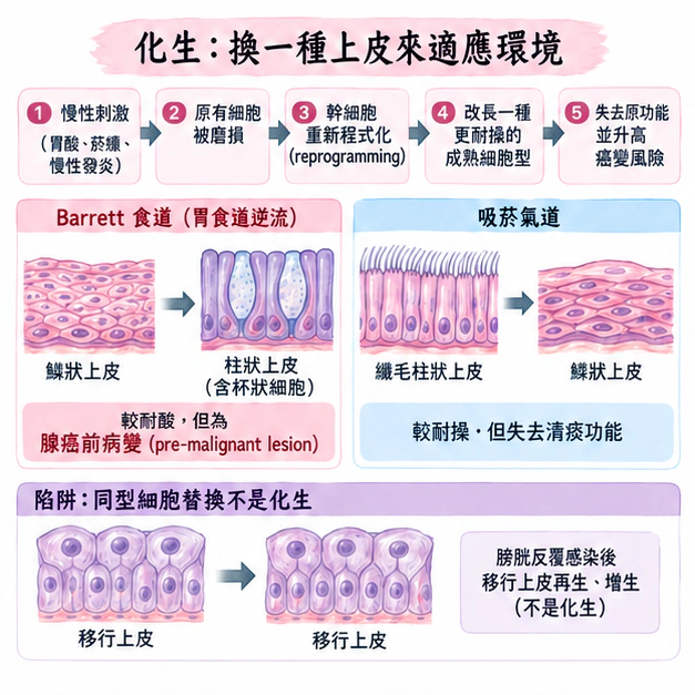 化生：換一種上皮來適應環境：學術水彩圖解，包含本節的主要結構與關係。