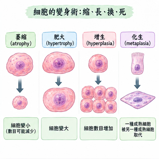 細胞的變身術：縮、長、換、死：學術水彩圖解，包含本節的主要結構與關係。