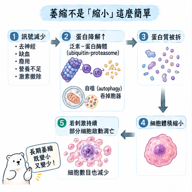 萎縮不是「縮小」這麼簡單：學術水彩圖解，包含本節的主要結構與關係。