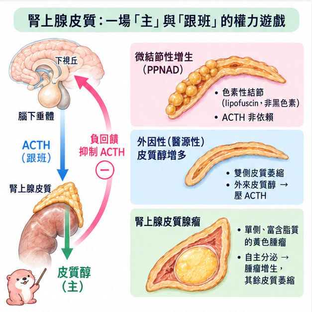 腎上腺皮質:一場「主」與「跟班」的權力遊戲:學術水彩圖解,包含本節的主要結構與關係。