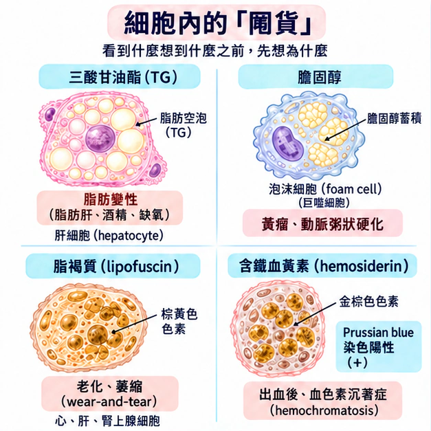 細胞內的「囤貨」：看到什麼想到什麼之前，先想為什麼：學術水彩圖解，包含本節的主要結構與關係。