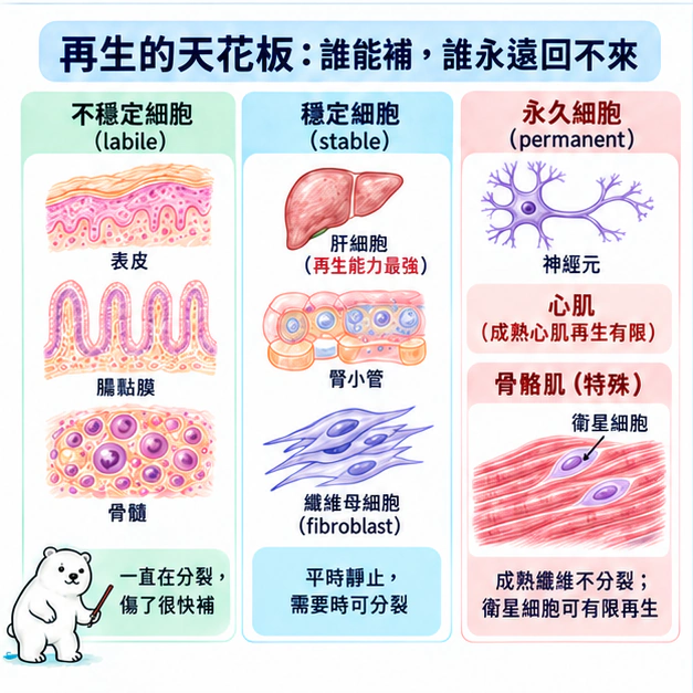 再生的天花板：誰能補，誰永遠回不來：學術水彩圖解，包含本節的主要結構與關係。